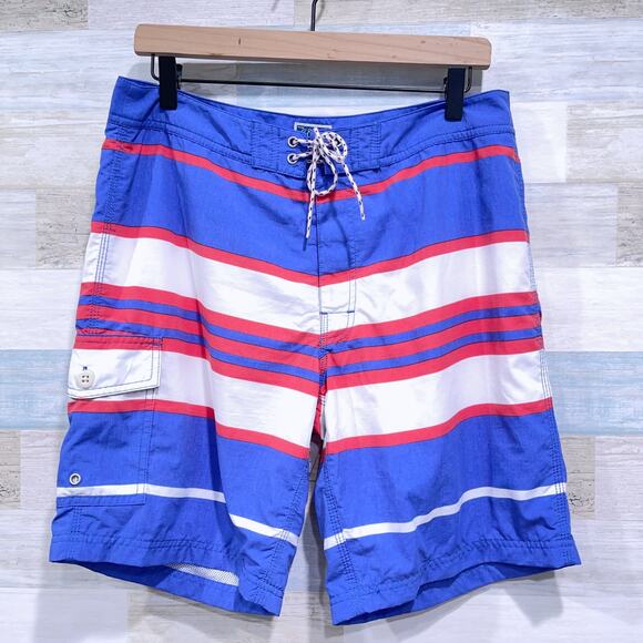 J Crew 9" Long Board Short In Oxford Blue Stripe Lined Pockets Swim Mens 32 - Picture 1 of 5